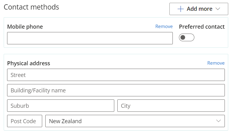 Use the Add more button to add further contact methods for a Patient or Client.