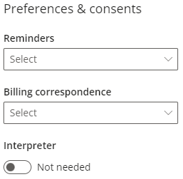 Indicate if the Patient or Client consents to receiving communications for the practice, and indicate if they require an interpreter.