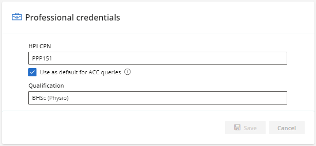 Enter the providers professional credentials for ACC claiming.