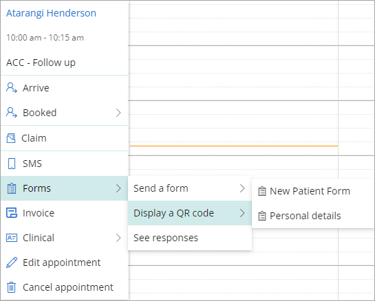 Right-click appointment menu display QR code