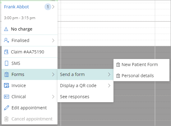 Right-click on an appointment for further menu options to send a form.