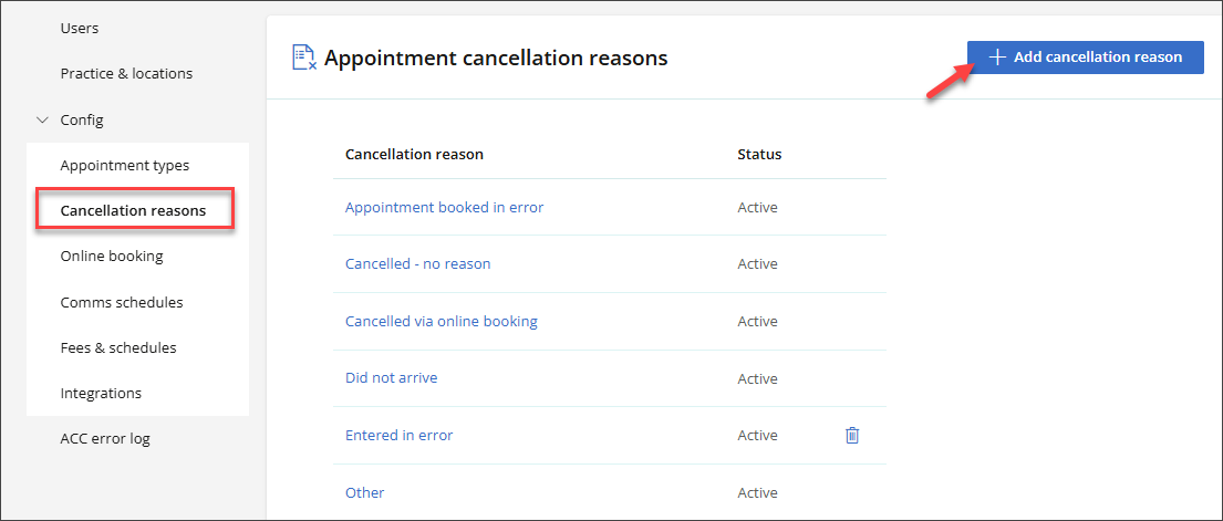 Appointment cancellation reasons from the practices and locations menu.