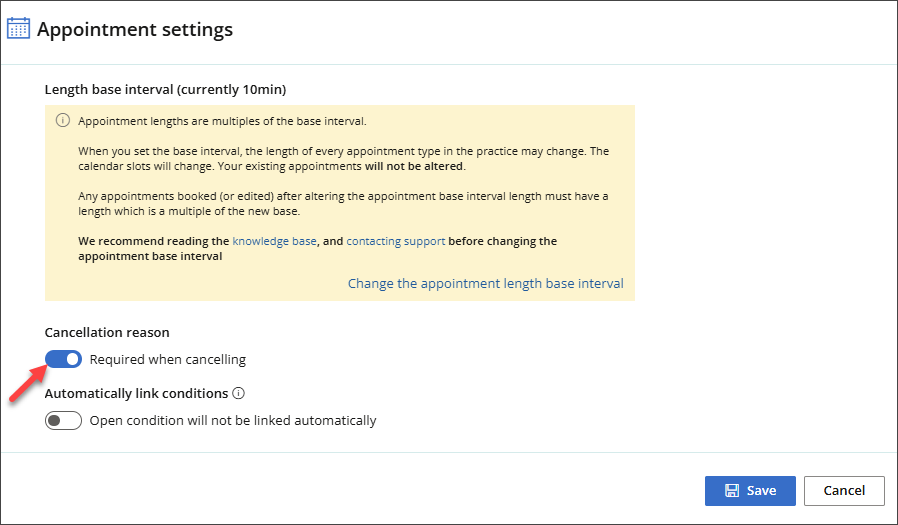 Appointment and conditions preferences from the Practice and locations menu.