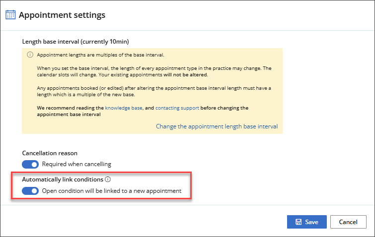 Appointment and conditions preferences from the Practice and locations menu.