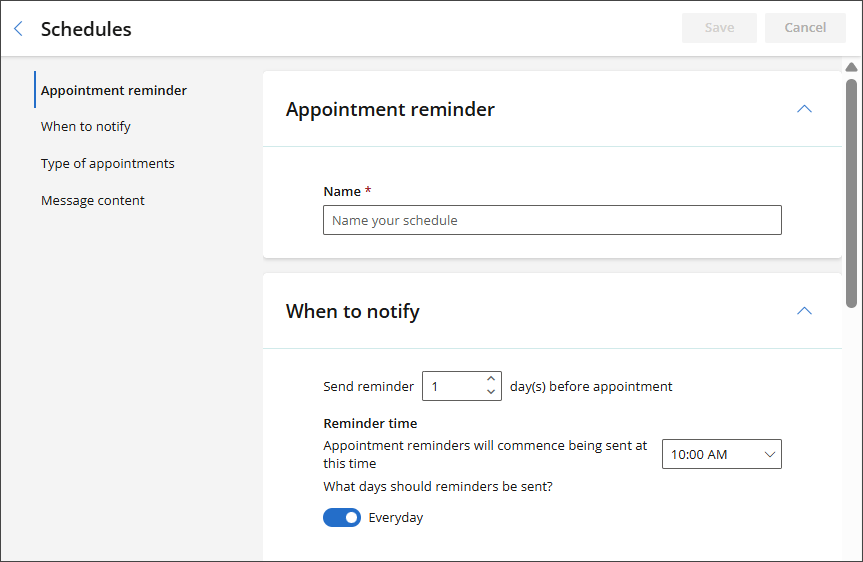 Comms schedule configuration screen.