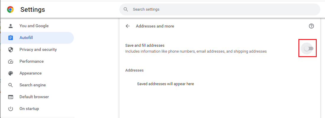 Toggle off autofill for address details