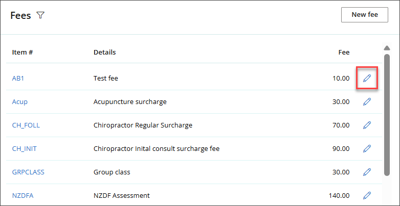 Click the Edit link for the fee you would like to update.