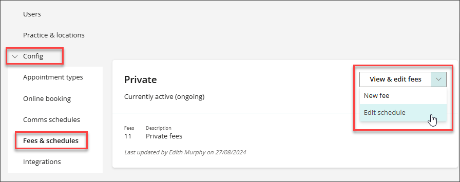 Edit an existing fee schedule