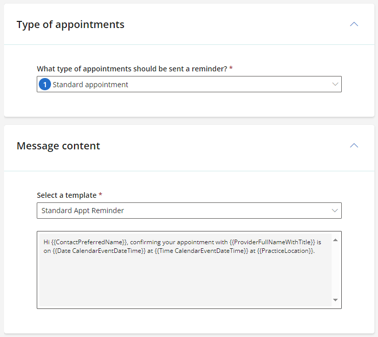 Appointment reminder configuration settings for message content and type.