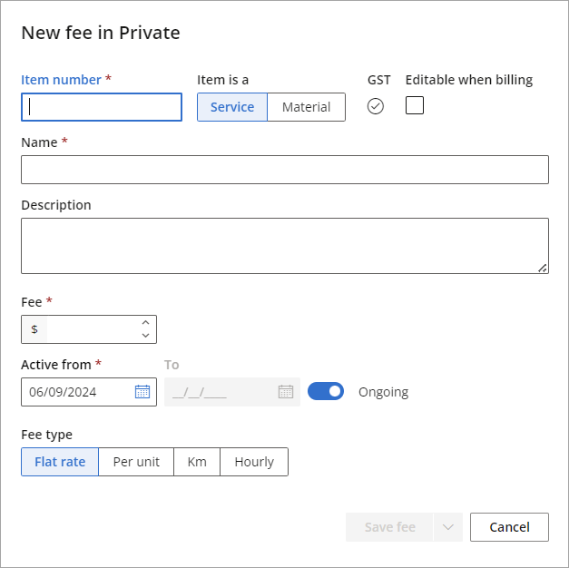 New fee setup screen in a custom fee schedule.