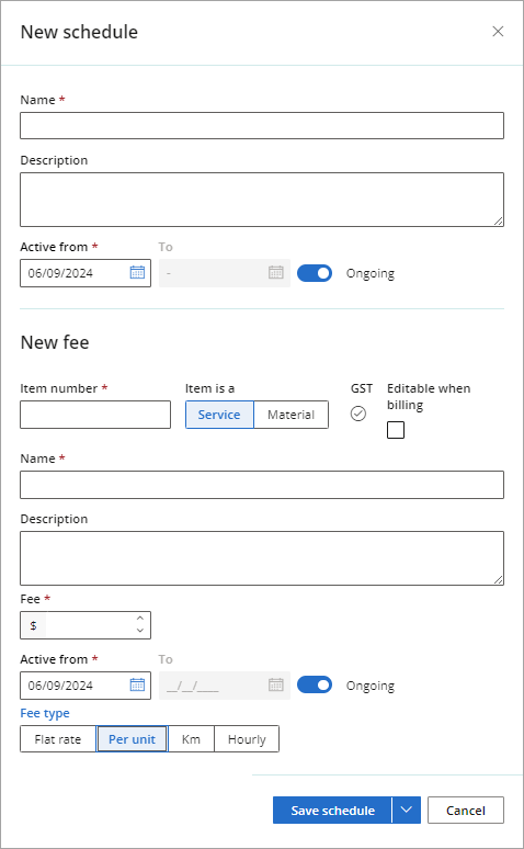 The New fee schedule screen.