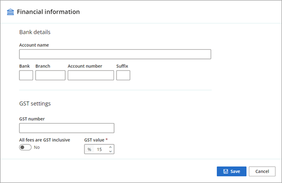 Enter your invoice information, bank details, and GST settings.