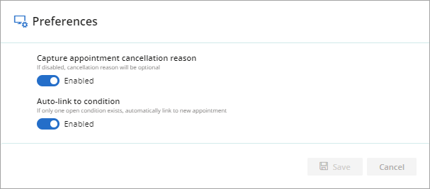 Appointment and conditions preferences from the Practice and locations menu.