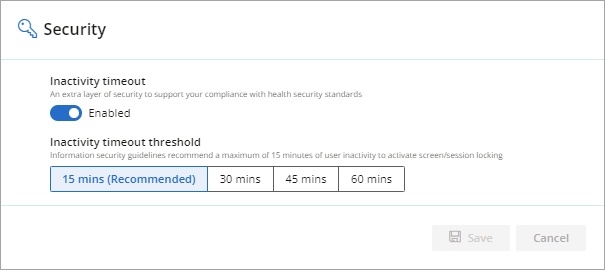 Inactivity timeout settings from the Security card in Practices and locations.