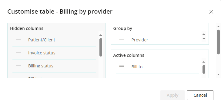 Customise table data options