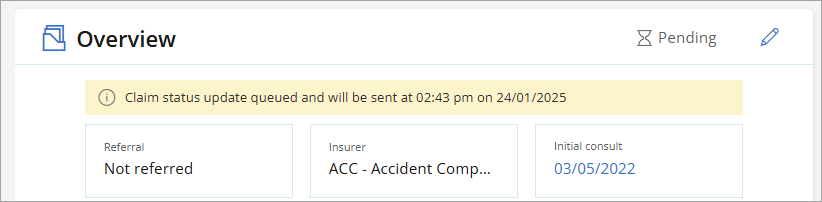 Message displayed when ACC45 claim is pending approval from ACC.