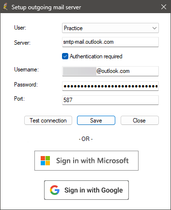 The image shows an example of a personal outlook email account configured using basic authentication. 