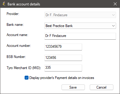 Bank account details Tyro for providers