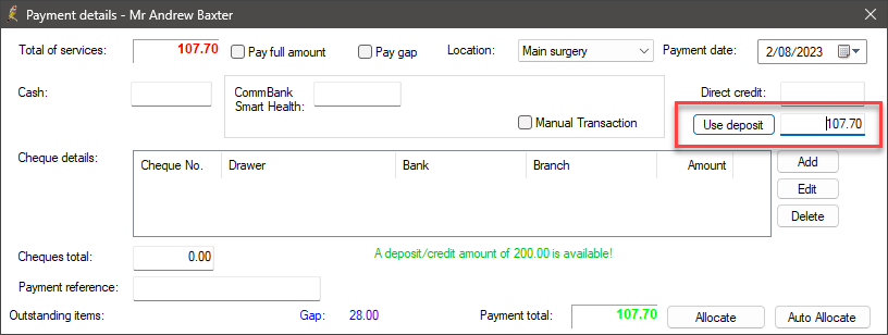 Payment Details with deposit
