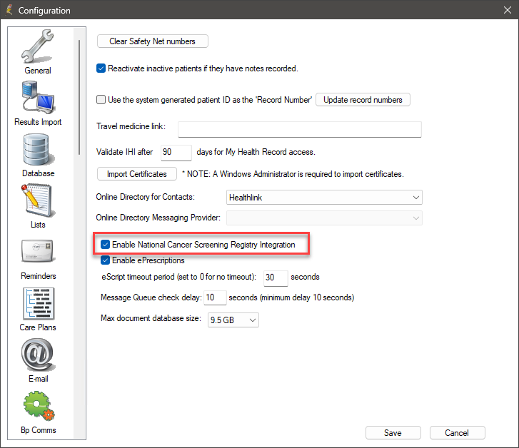 The Enable National Cancer Screening Registry Integration checkbox in the configuration window.