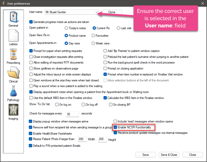 The Enable NCSR Functonality checkbox in the User Preferences screen.