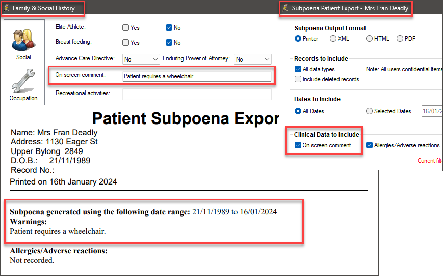 Images demonstrate the Patient Subpoena Export document with an on-screen comment in the Warnings section.