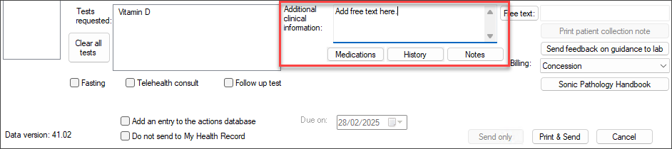 Example of free text in Additional Clinical Information. 