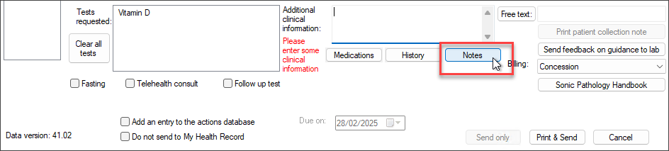 Notes button is underneath Additional Clinical Information