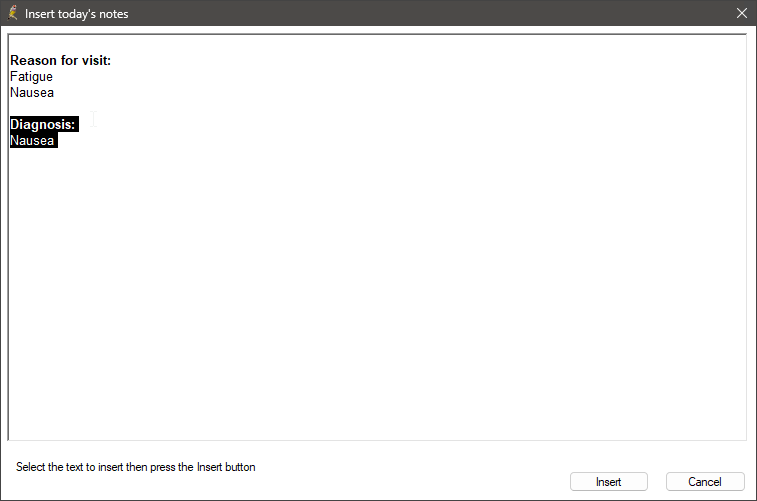 Example of selecting today's notes to insert in clinical information