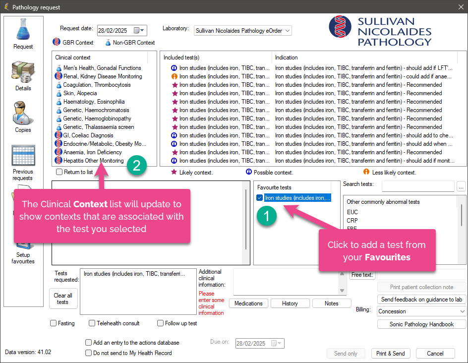 Example of backmapped contexts after selecting a test from Favourites
