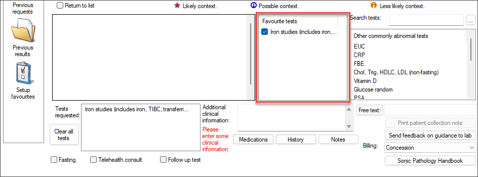 Example of the Favourite tests list