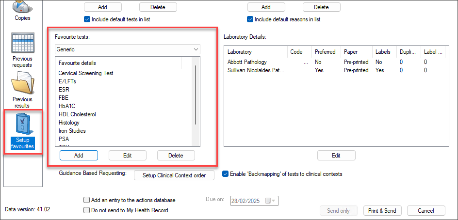 Example of setting up favourite tests