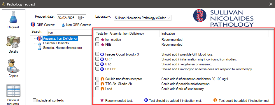 Example of a tests list for Iron Deficiency