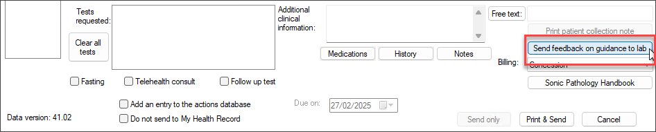 Example of Send feedback on guidance to lab button