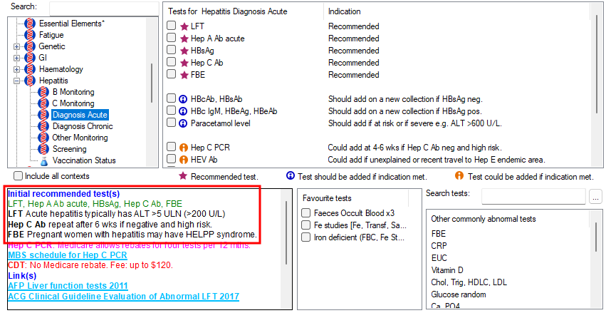 Example of test information shown for a selected context