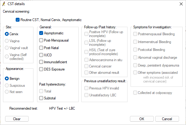 Example of a routine CST with selected options