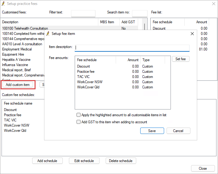 Set up fee item