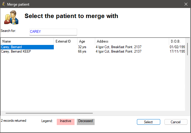 Image shows searching for the patient by name and that the patient selected here will be merged with the first patient and the record removed from the database.