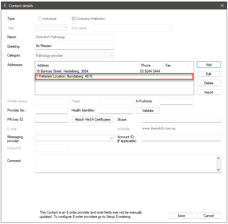 Adding preferred address details for a laboratory configured for Enhanced eOrdering