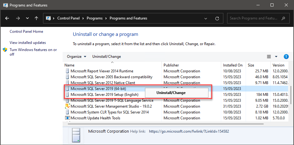 Right-click your database version and select Uninstall or change