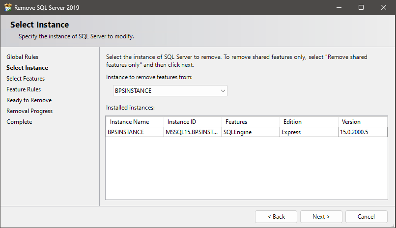 SQL Uninstall Wizard select instance