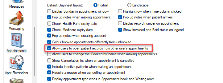 Tick Allow open other users appointments