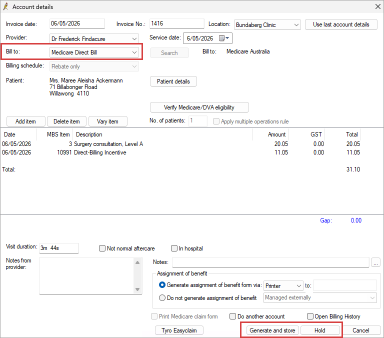 Account details screen for a medicare direct bill invoice.