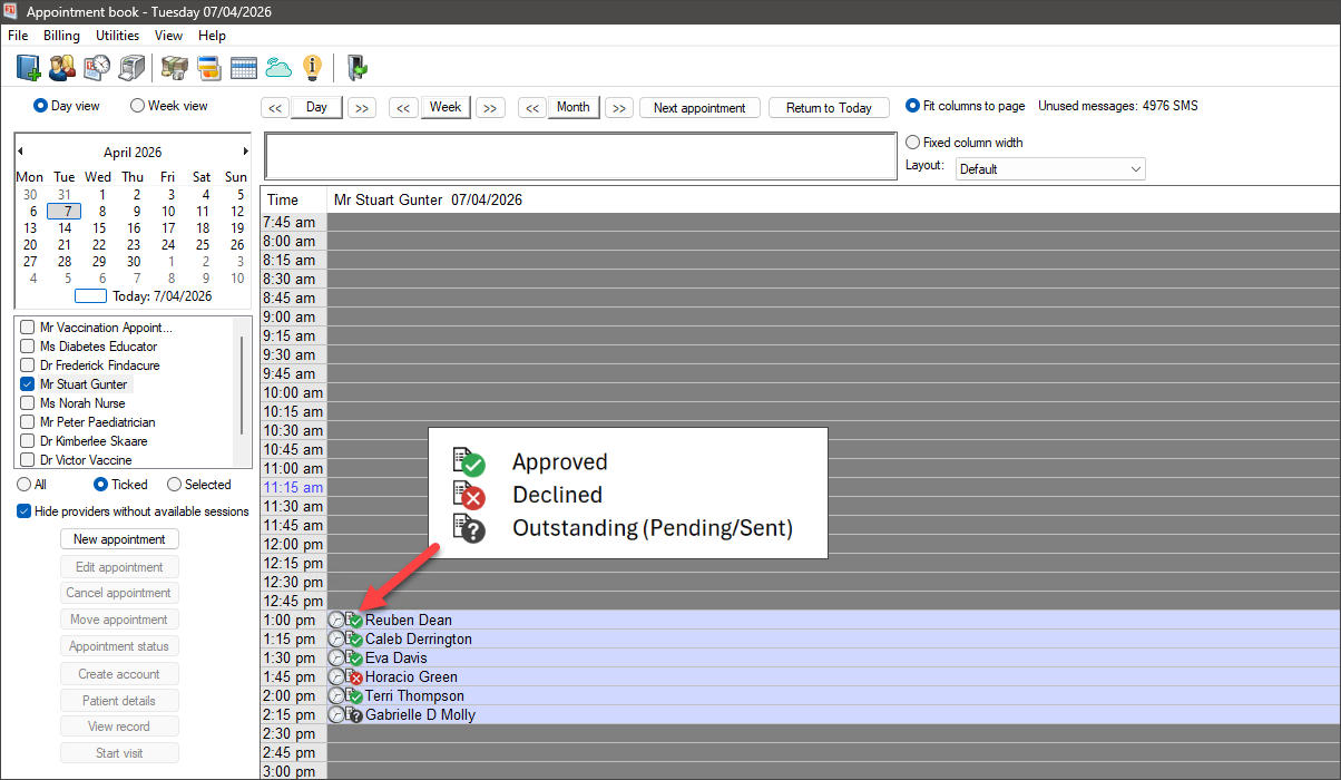 Appointment book icons for AoB status of request. 