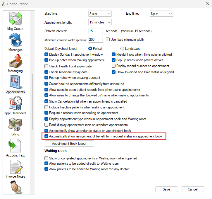 Configuration settings for appointment book icons for AoB