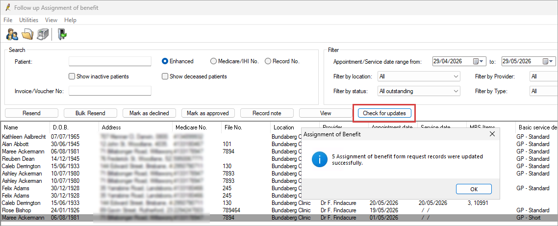 Check for updates from the Follow up Assignment of Benefit screen