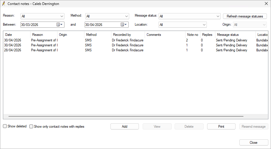 Contact notes display the number of SMS messages sent to the patient regarding their Assignment of benefit form request.
