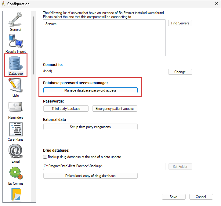 Access the Database Password Access Manager from Bp Premier