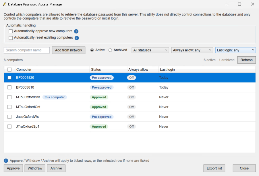 Database Password Access Utility