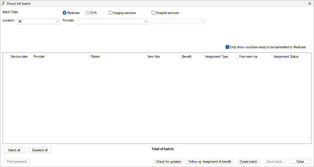 Blank direct bill batch screen.